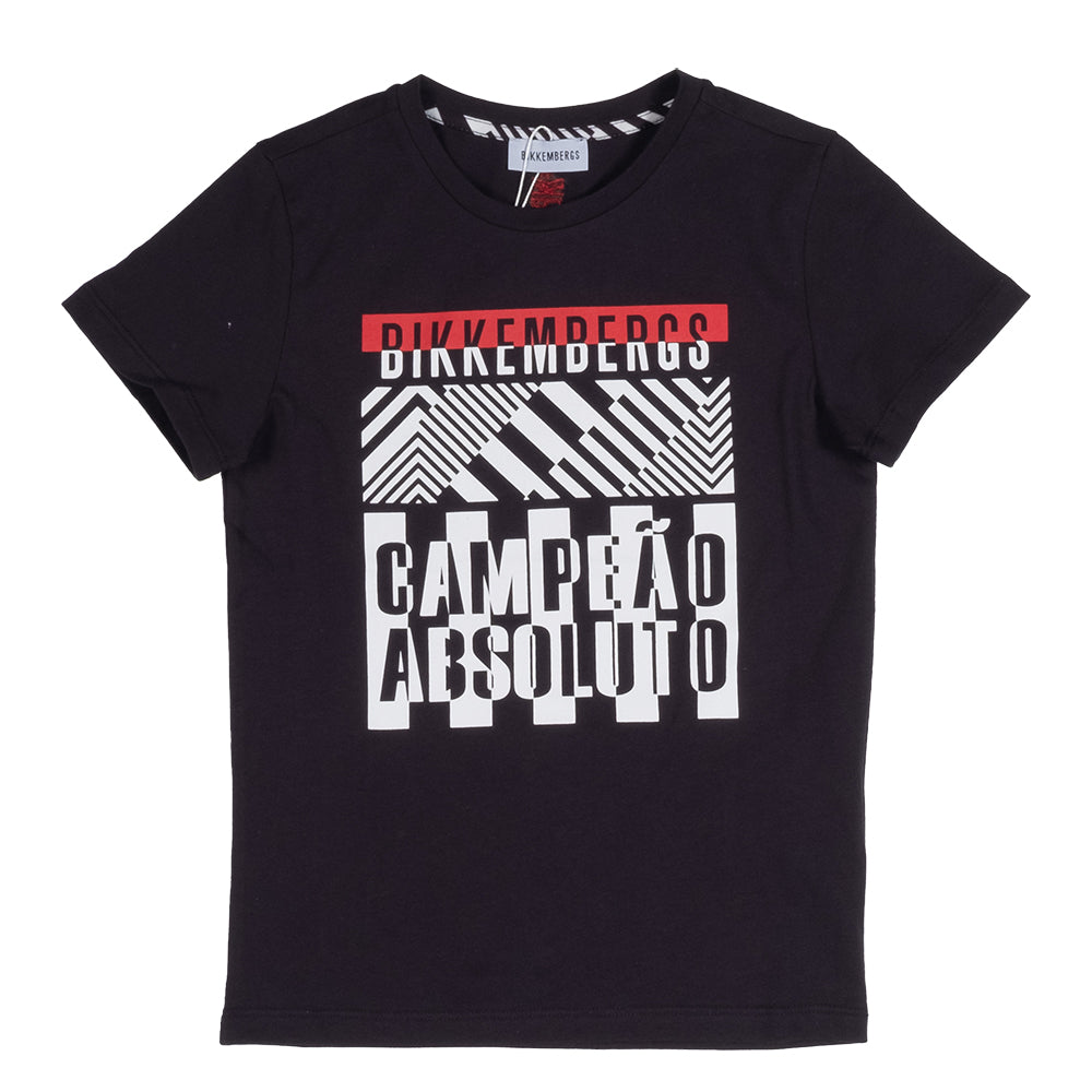 T-Shirt aus der Bikkembergs Kids' Clothing Line, mit farbigem Druck auf der Vorderseite auf schwa...