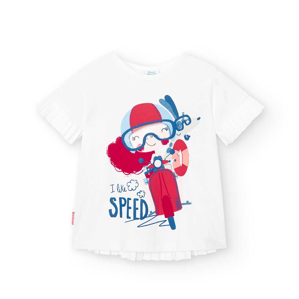 Kurzärmeliges T-Shirt aus der Boboli-Kinderkollektion mit Voile auf der Rückseite und farbigem Dr...