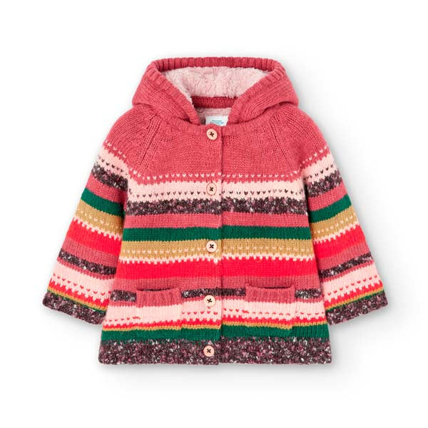 Strickjacke mit Kapuze aus der Boboli Girls' Clothing Line, langes Modell mit Fell innen. Knopfve...