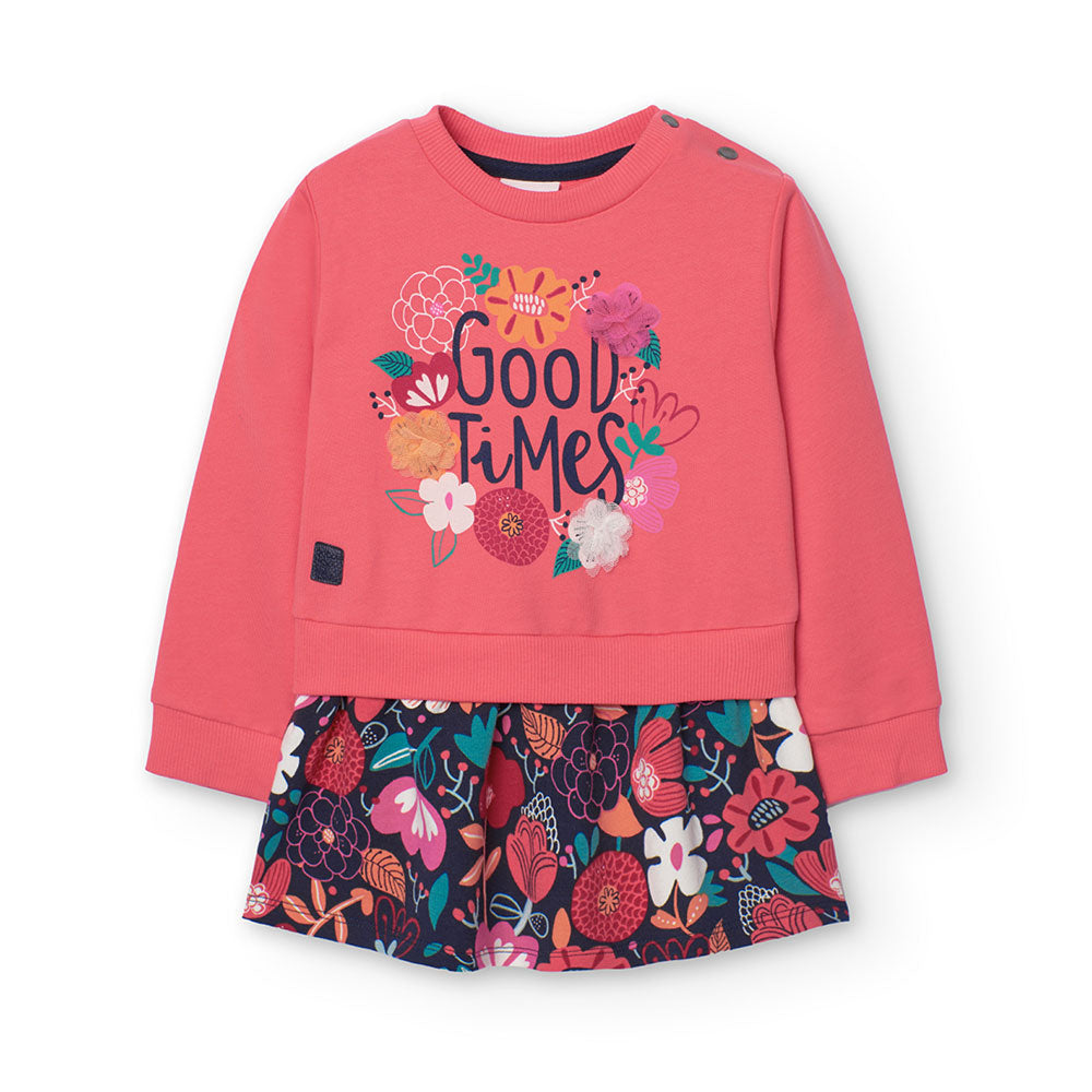 
Plüschkleid aus der Boboli-Kinderkollektion, mit weitem Rock mit Blumenmuster und einfarbigem Ob...