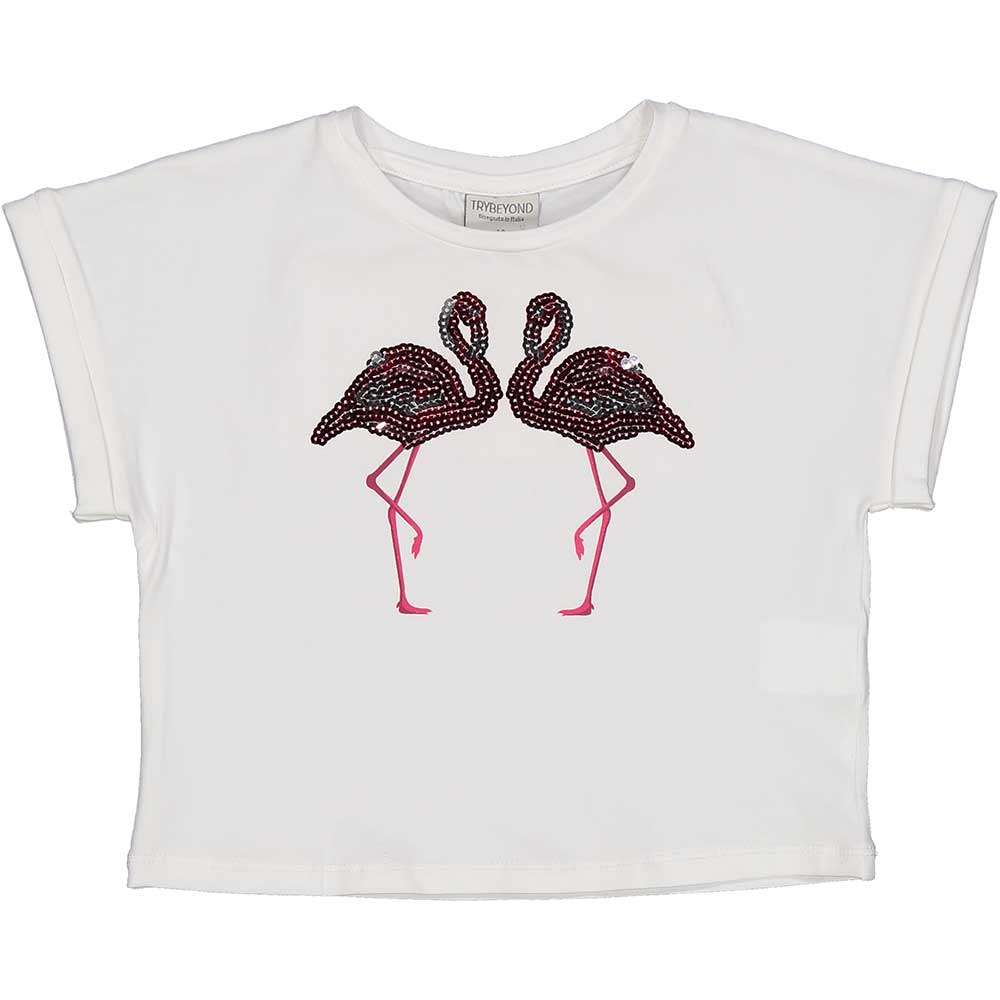 Top aus der Trybeyond Girls' Clothing Line, mit kurzem Karomuster und Flamingo-Design auf der Vor...