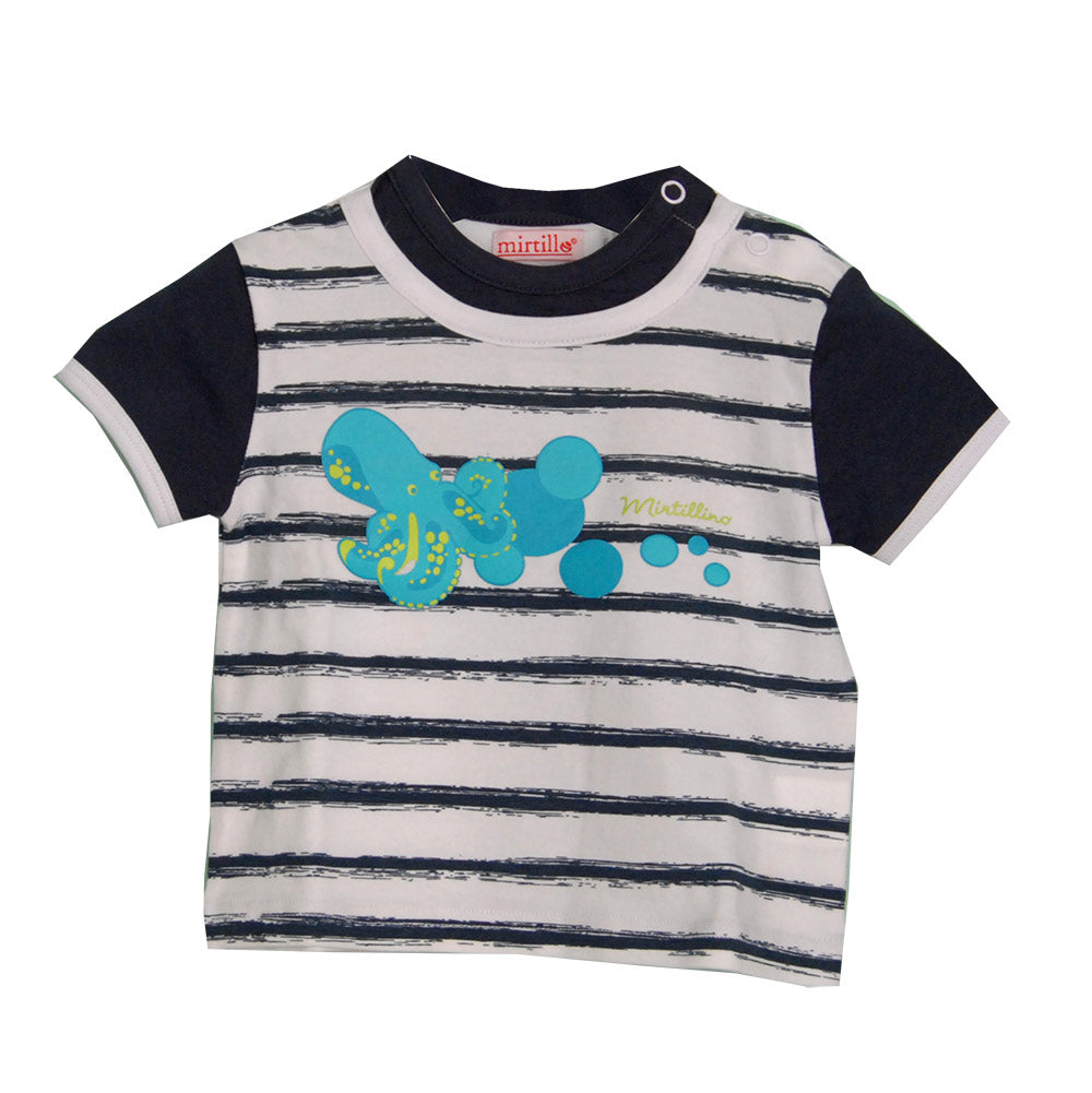 
  Zweiteiliger Anzug aus der Mirtillo Kinderkleidungslinie. Gestreiftes T-Shirt mit
  Kontrastdr...