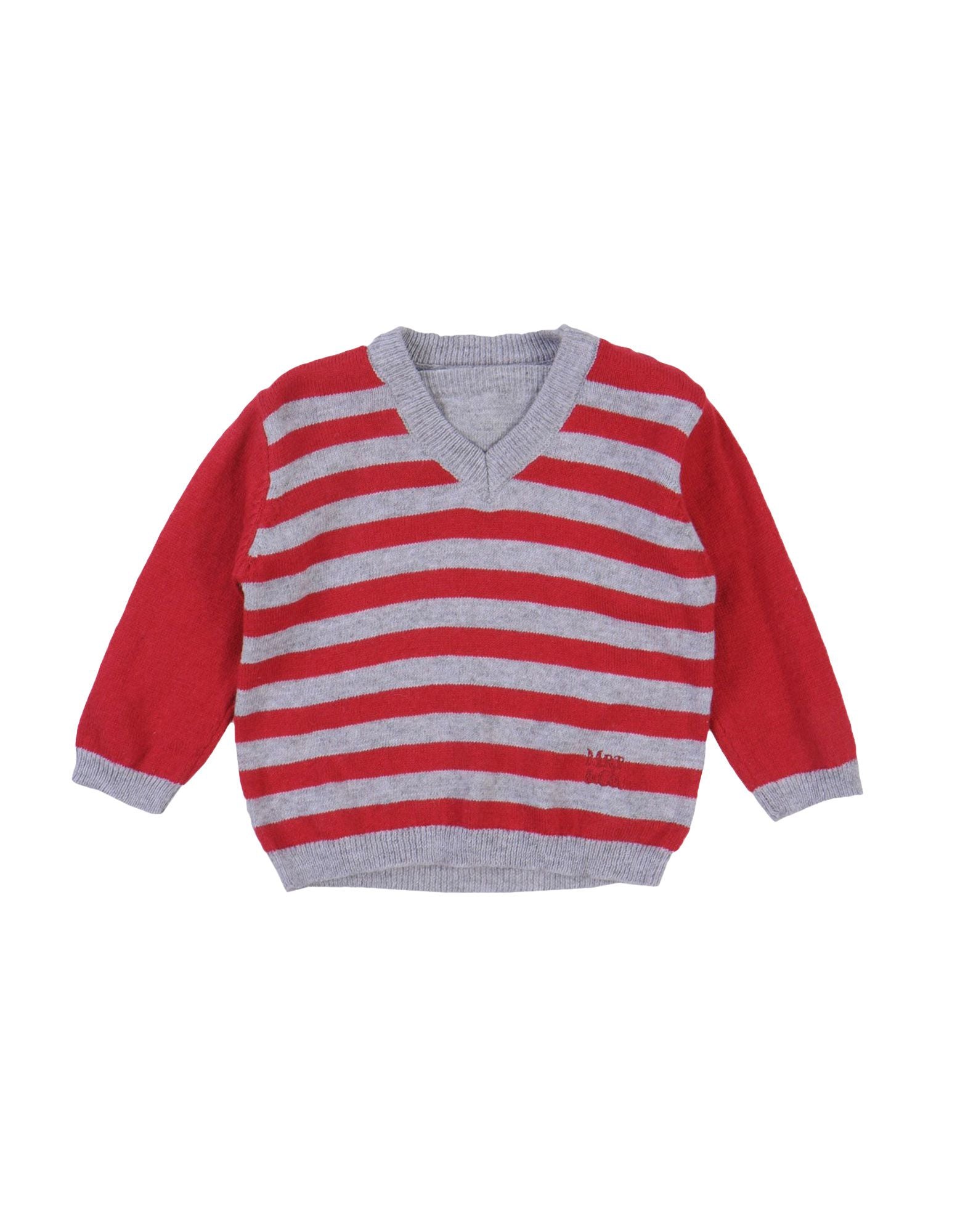 
  Trikotpullover aus der Mirtillo Children's Clothing Linie, graues Streifenmuster
  und weinrot...