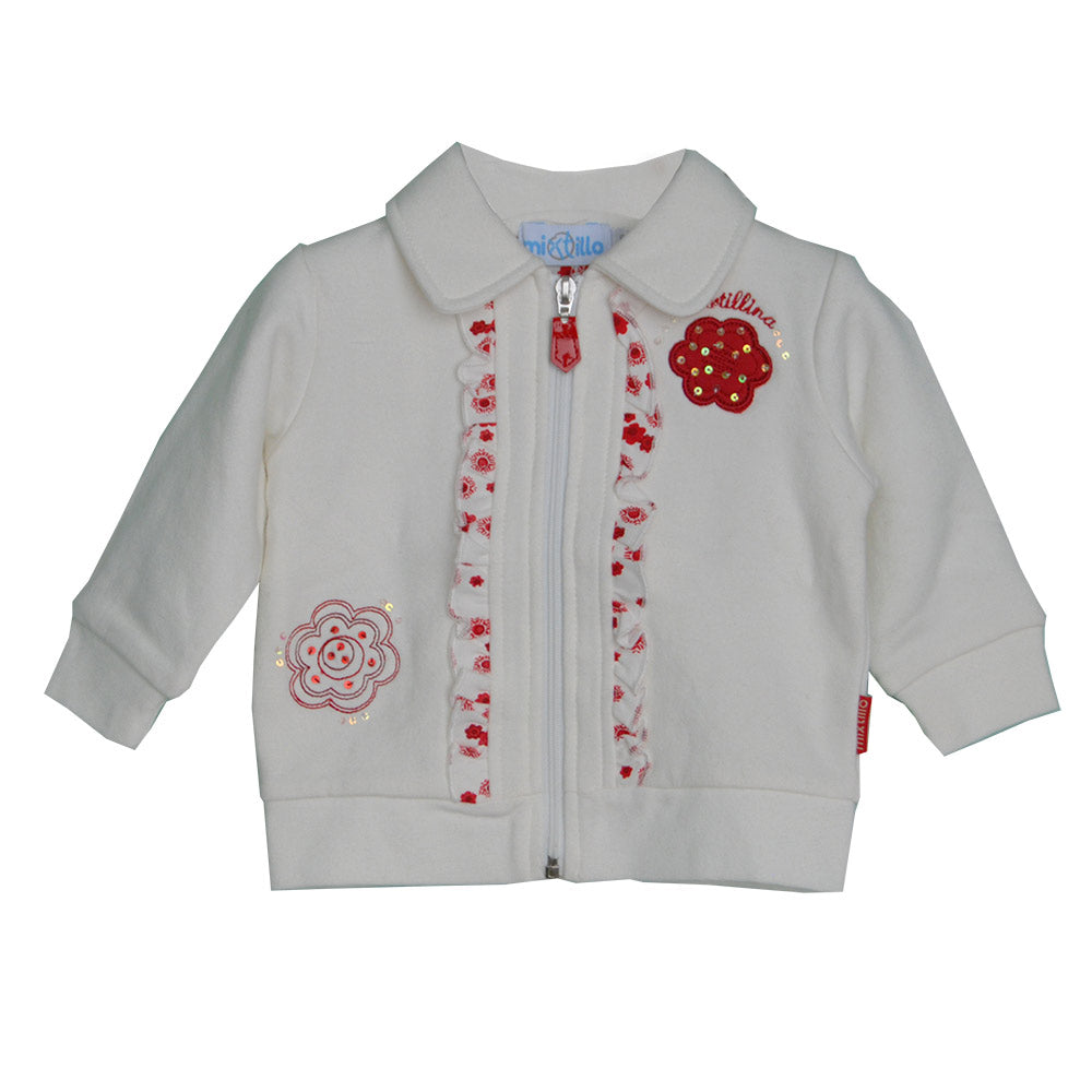 
  Sweatshirt-Strickjacke aus der Mirtillo-Kinderkleidungslinie. Einfarbig mit Rouches,
  Stoffbl...