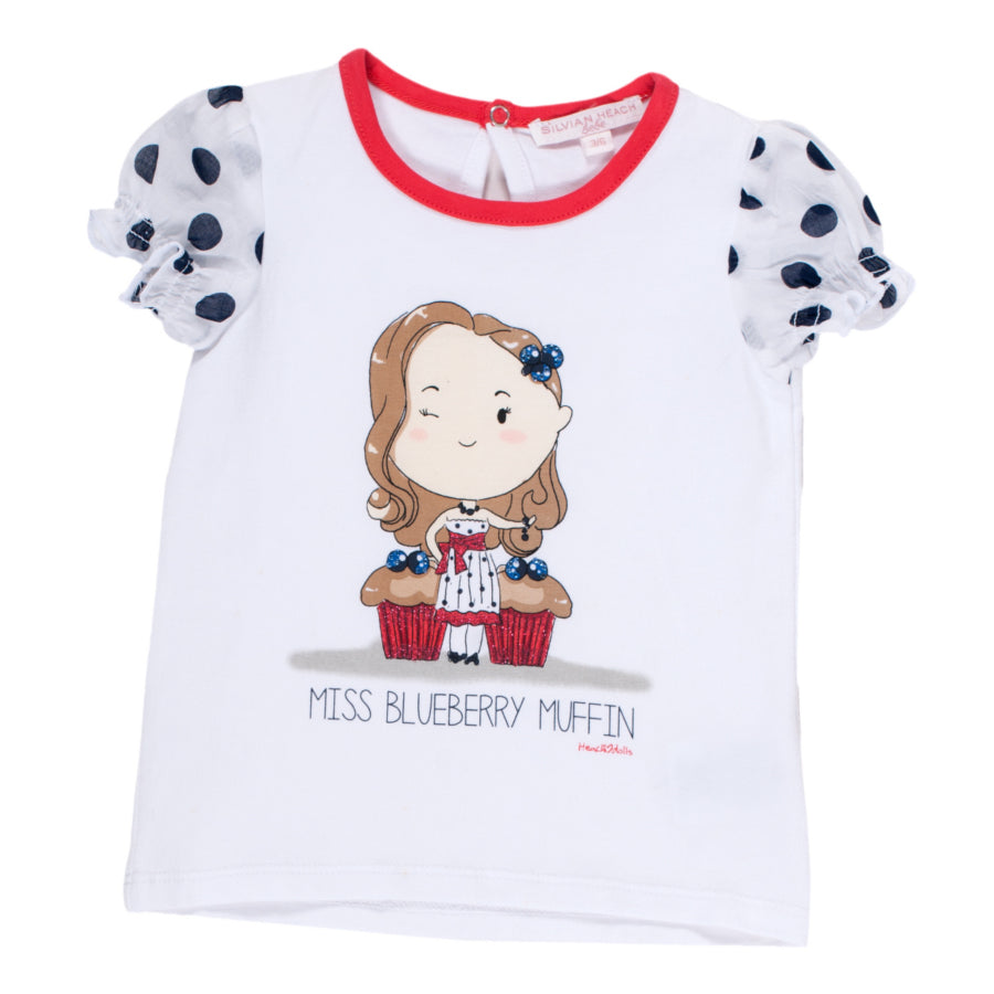 
  T-Shirt aus der Silvian Heach Kids Modelinie; Puffpuppen
  aus hellem Tupfenstoff, auf der Vor...