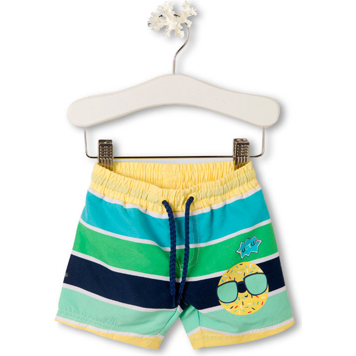 
  Badeshorts aus der Tuc Tuc Kinderkleidungslinie mit Streifenmuster und Riemen
  im Leben. 



...