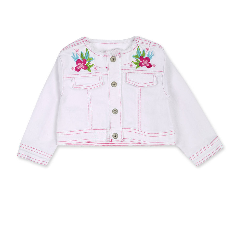 Jeansjacke aus der Tuc Tuc Children's Clothing Line, mit bunten Stickereien auf den Taschen und k...