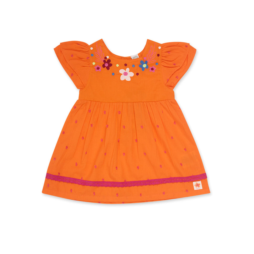 Kleines Kleid aus der Tuc Tuc Children's Clothing Line, aus Popeline mit bunter Blumenstickerei a...