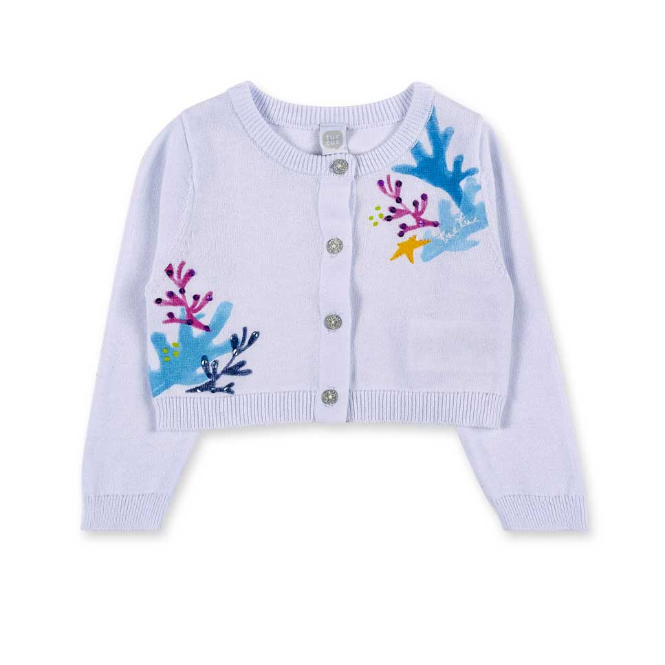 
Strickjacke aus der Tuc Tuc Girls' Clothing Line, mit buntem Druck auf der Vorderseite und Paill...