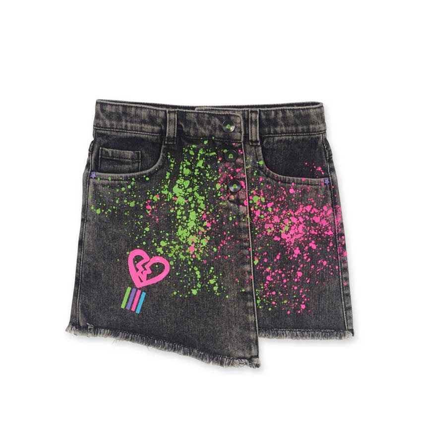 Jeansrock aus der Tuc Tuc Girls' Clothing Line, Wickelmodell mit bunten Sprühdrucken.
Zusammenset...