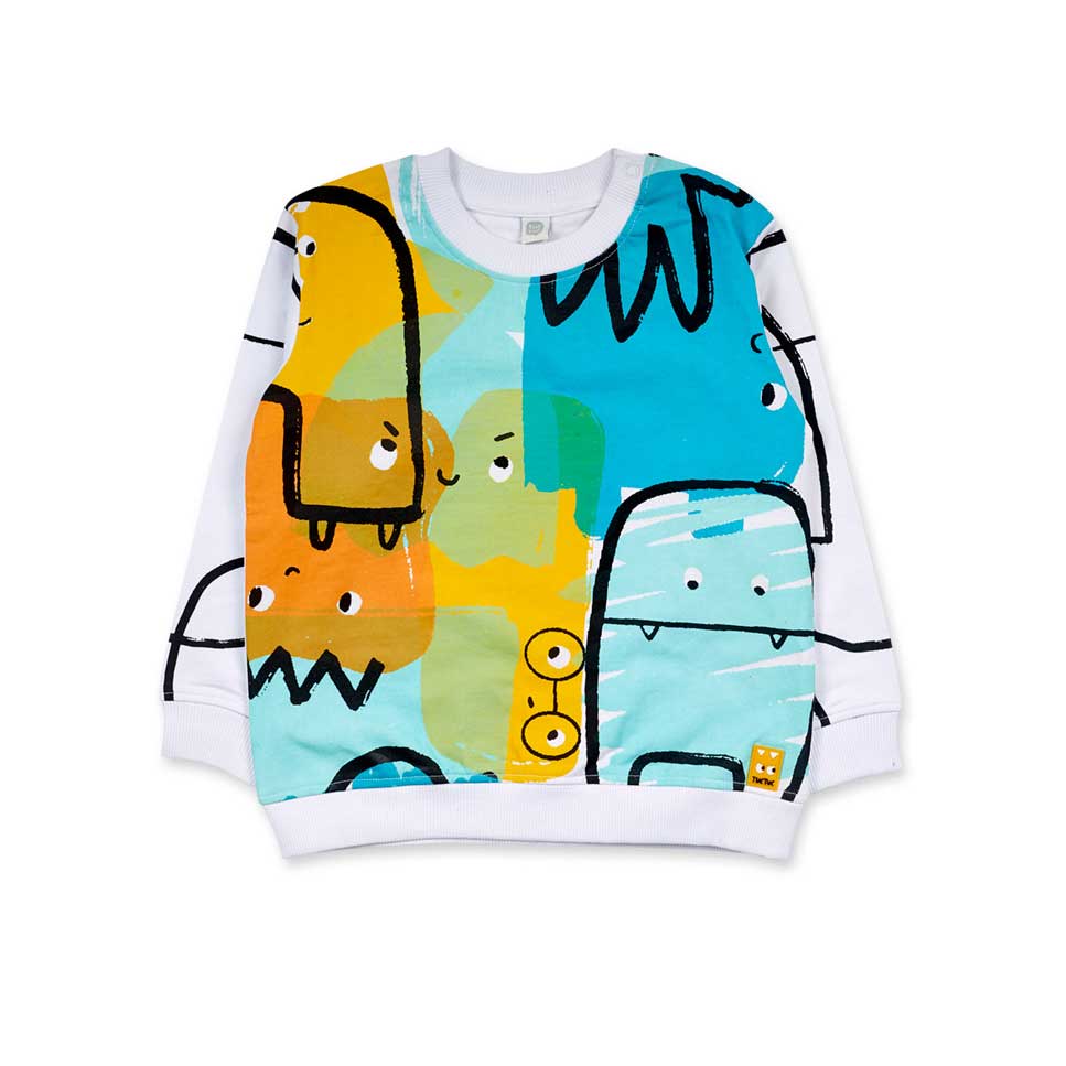 Sweatshirt aus der Tuc Tuc Kinderbekleidungslinie, mit weißem Hintergrund und bunten Motiven auf ...