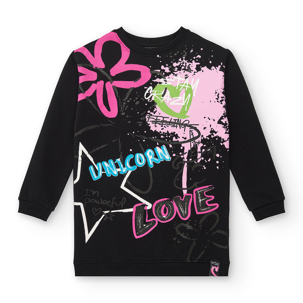 Kleid aus der Tuc Tuc Girls' Clothing Line, in Sweatshirt mit fluoreszierendem Druck auf der Vord...