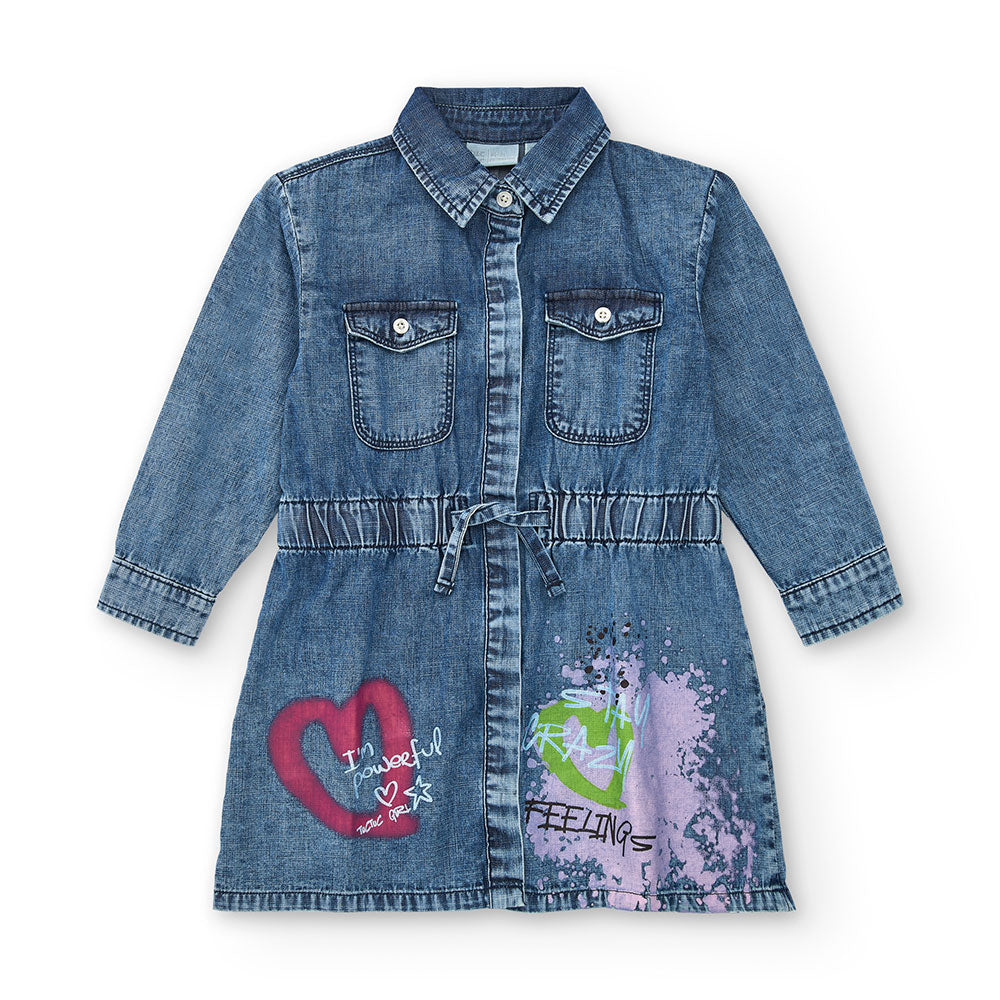 Kleid aus der Tuc Tuc Girl's Clothing Line, aus Denim, mit Knöpfen vorne und Hemdkragen. Gummizug...