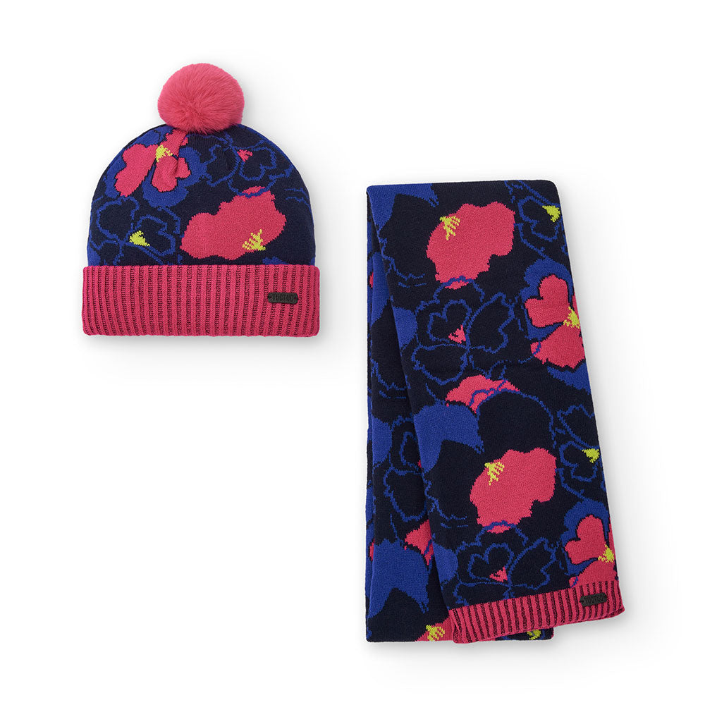 Set della Linea Abbigliamento Bambina Tuc Tuc, composto di cappello con pon pon e sciarpa a fanta...