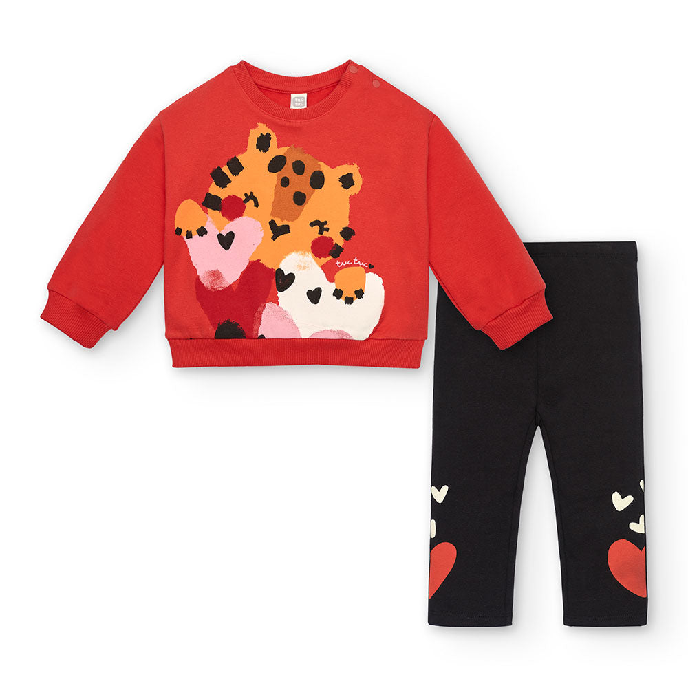 Completo due pezzi della Linea Abbigliamento Bambina Tuc Tuc, con felpa a girocollo con stampa mu...